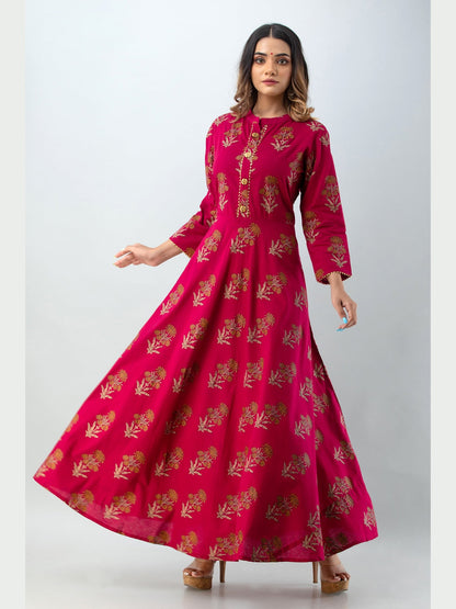 Cotton Printed Mandarin Neck 3/4 Sleeve Flared Ankle Length Kurta