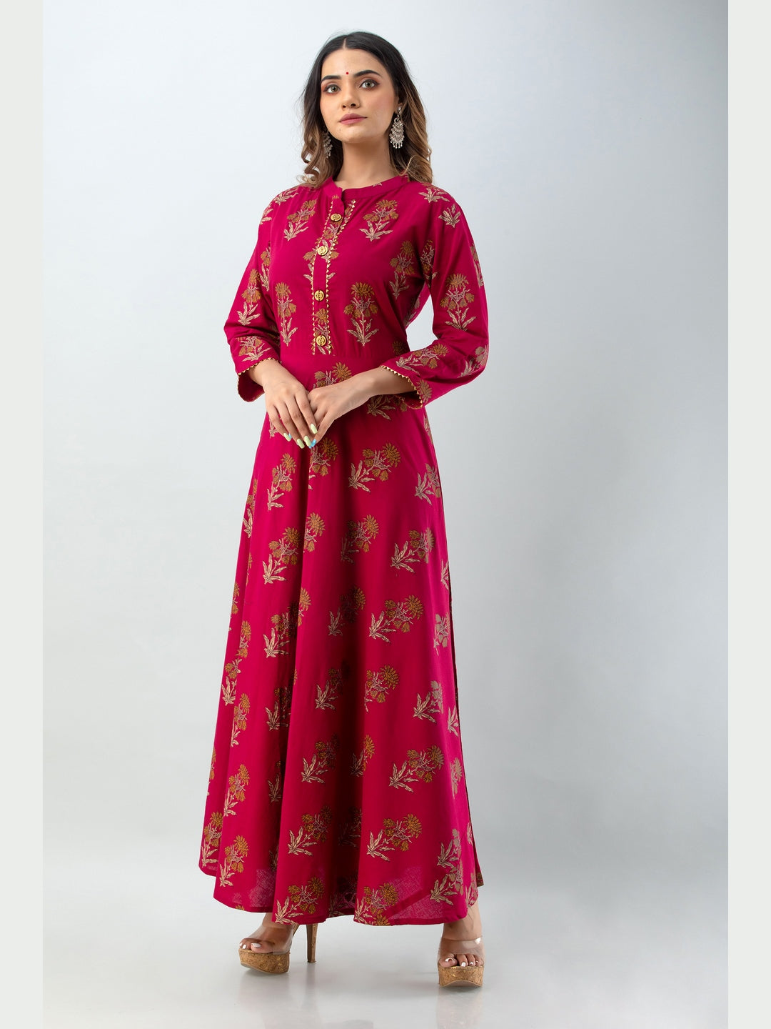 Cotton Printed Mandarin Neck 3/4 Sleeve Flared Ankle Length Kurta