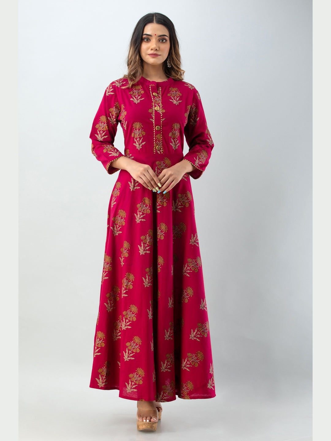 Cotton Printed Mandarin Neck 3/4 Sleeve Flared Ankle Length Kurta