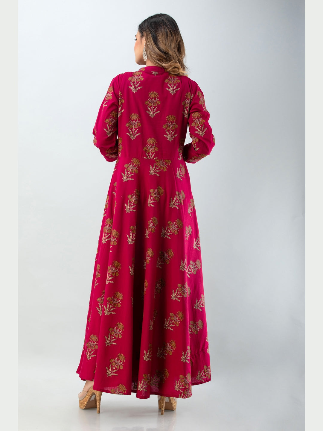 Cotton Printed Mandarin Neck 3/4 Sleeve Flared Ankle Length Kurta