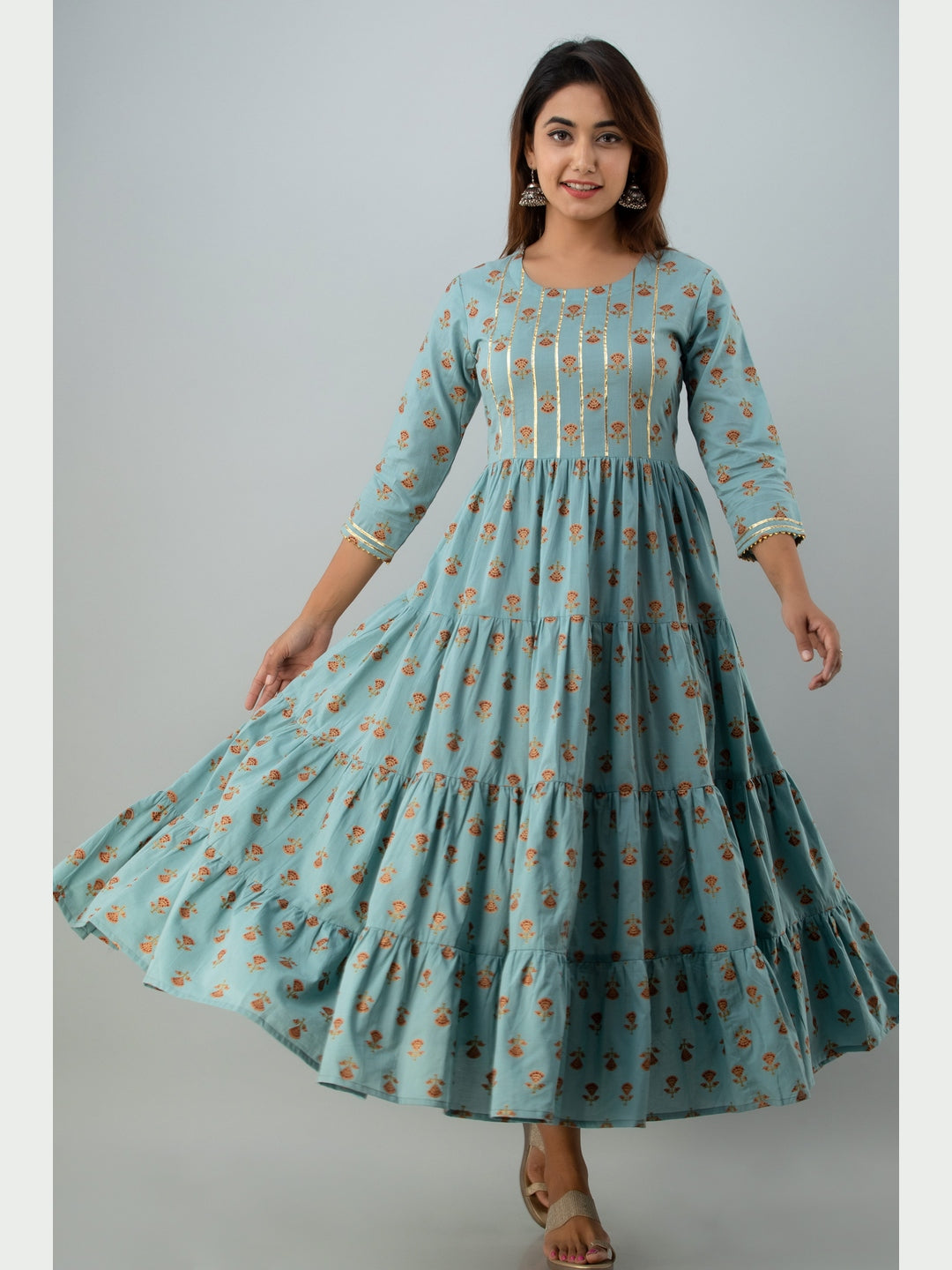 Cotton Printed Round Neck 3/4 Sleeve Flared Ankle Length Kurta