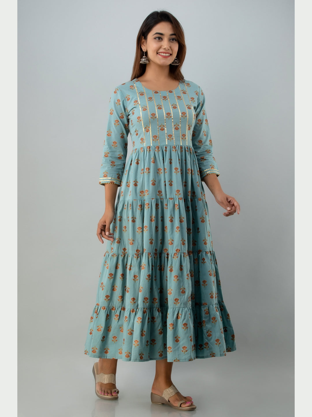 Cotton Printed Round Neck 3/4 Sleeve Flared Ankle Length Kurta