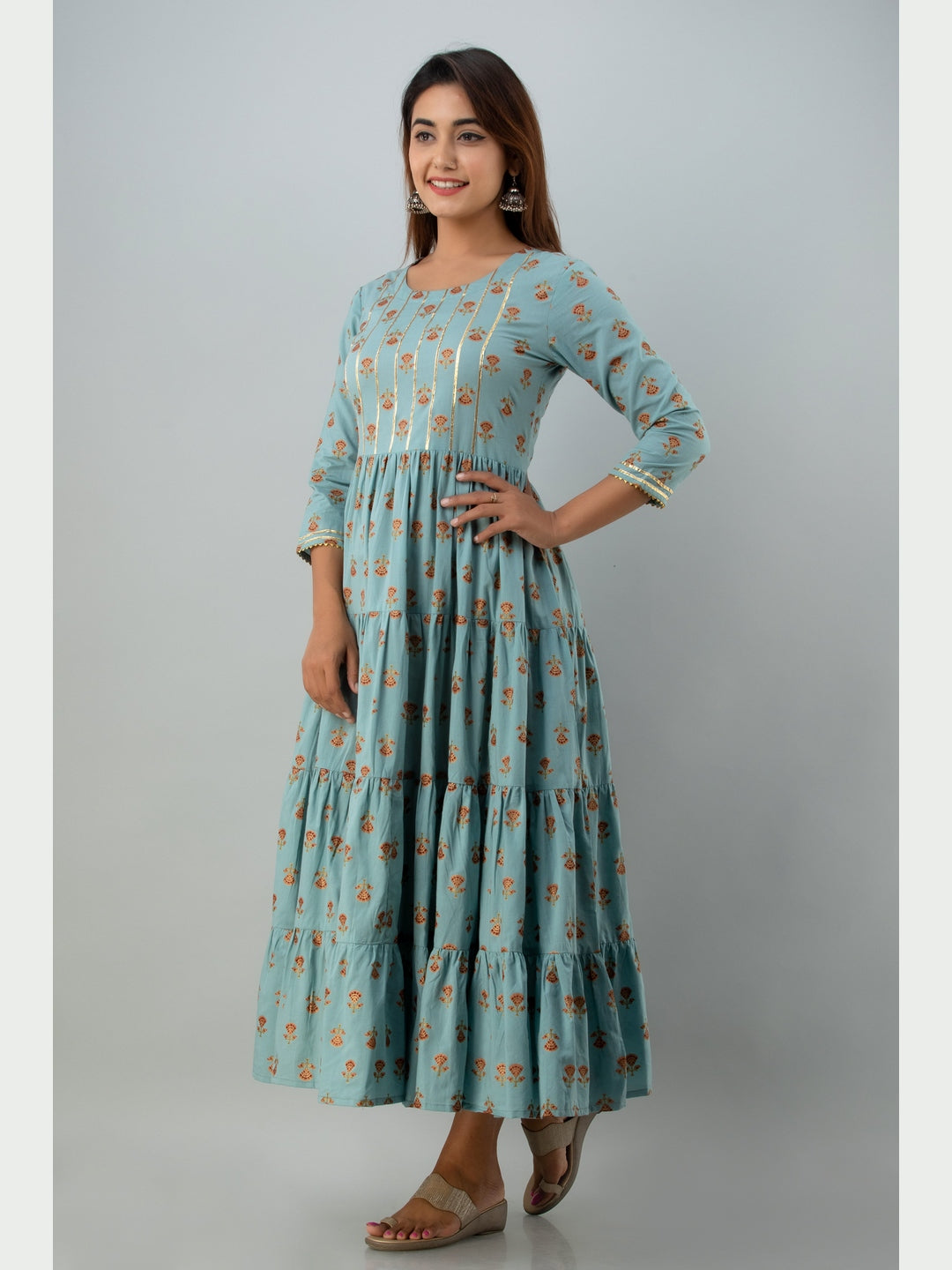 Cotton Printed Round Neck 3/4 Sleeve Flared Ankle Length Kurta