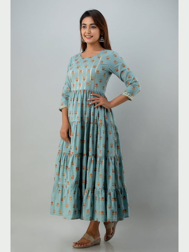 Cotton Printed Round Neck 3/4 Sleeve Flared Ankle Length Kurta