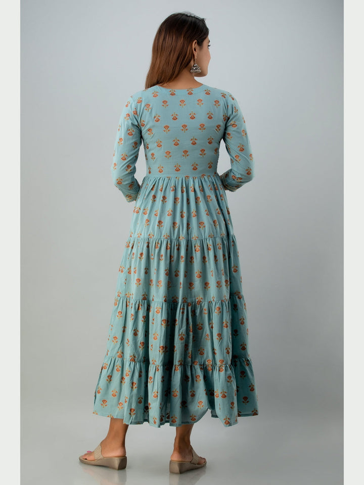 Cotton Printed Round Neck 3/4 Sleeve Flared Ankle Length Kurta