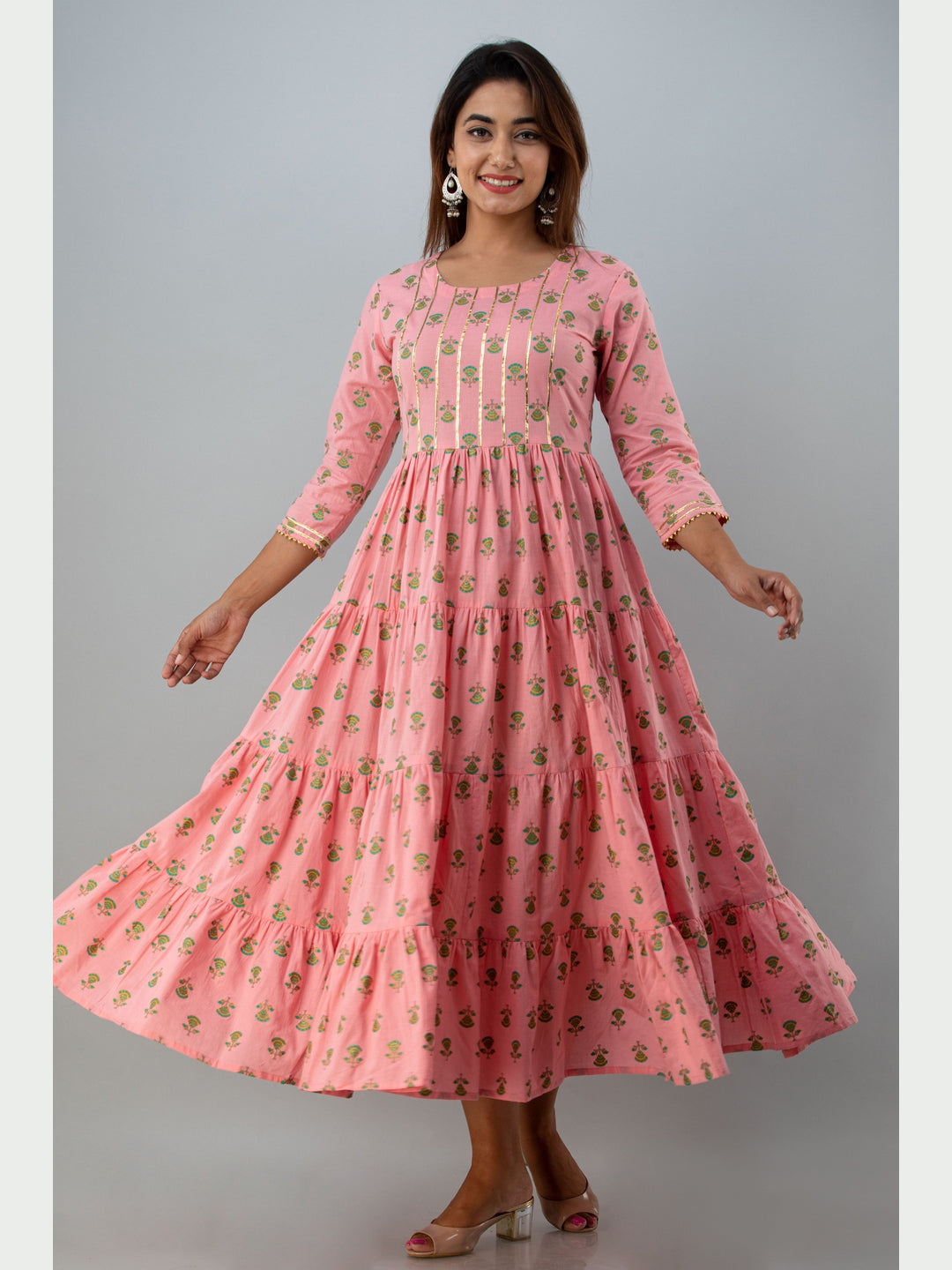 Cotton Printed Round Neck 3/4 Sleeve Flared Ankle Length Kurta