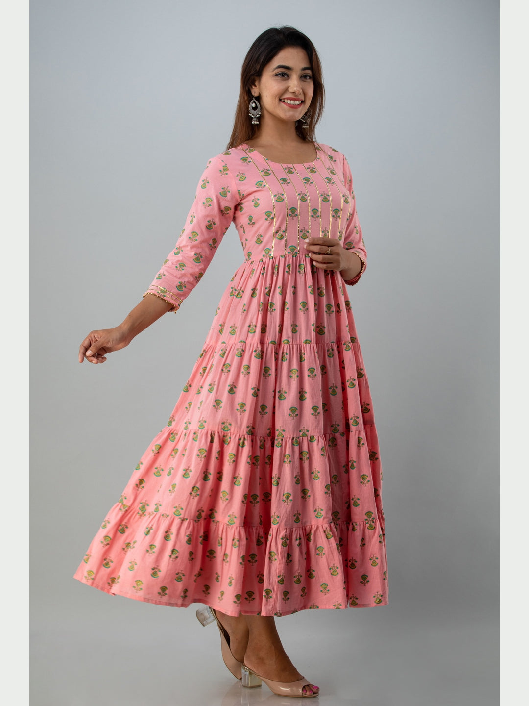 Cotton Printed Round Neck 3/4 Sleeve Flared Ankle Length Kurta