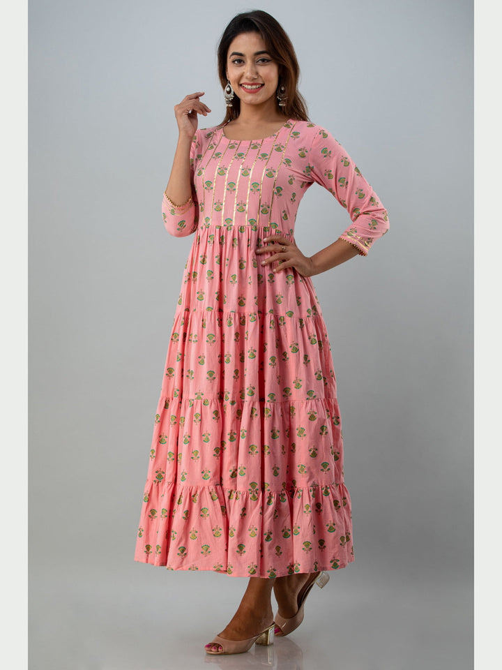 Cotton Printed Round Neck 3/4 Sleeve Flared Ankle Length Kurta