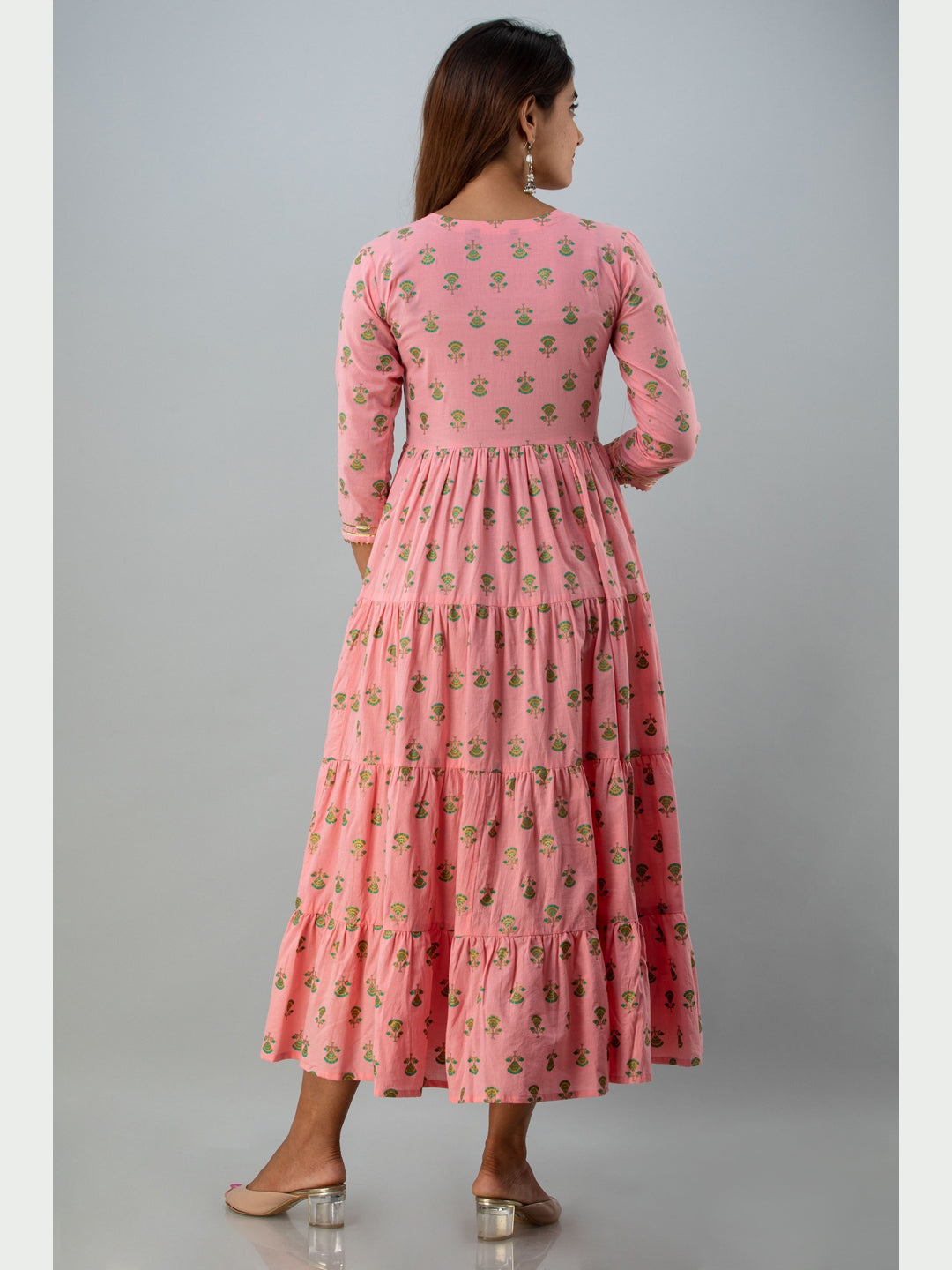 Cotton Printed Round Neck 3/4 Sleeve Flared Ankle Length Kurta