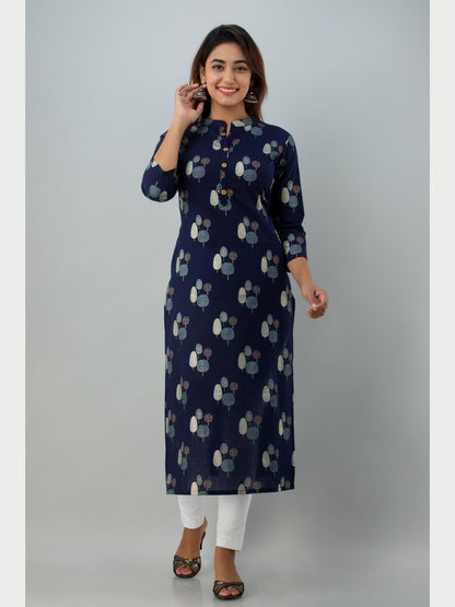 Cotton Printed Mandarin Neck 3/4 Sleeve Straight Calf Length Kurta