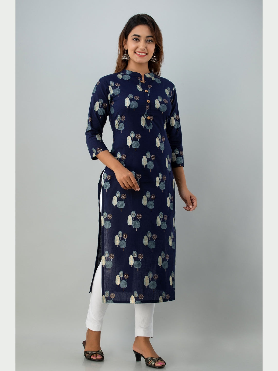 Cotton Printed Mandarin Neck 3/4 Sleeve Straight Calf Length Kurta