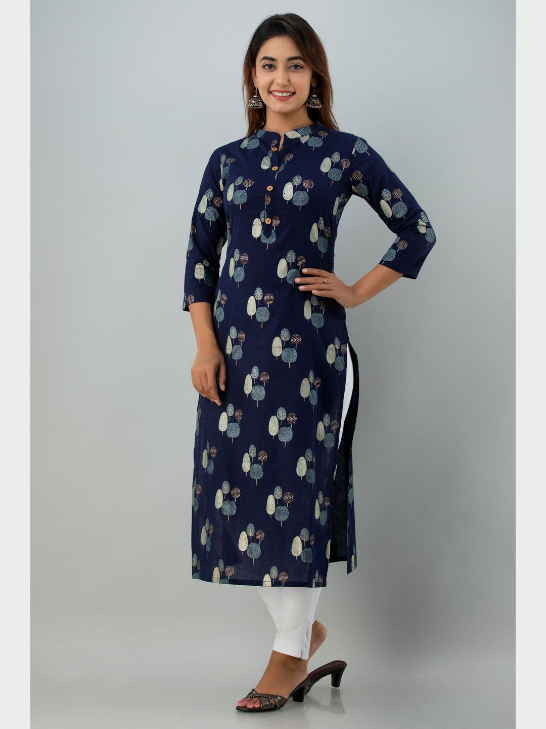 Cotton Printed Mandarin Neck 3/4 Sleeve Straight Calf Length Kurta