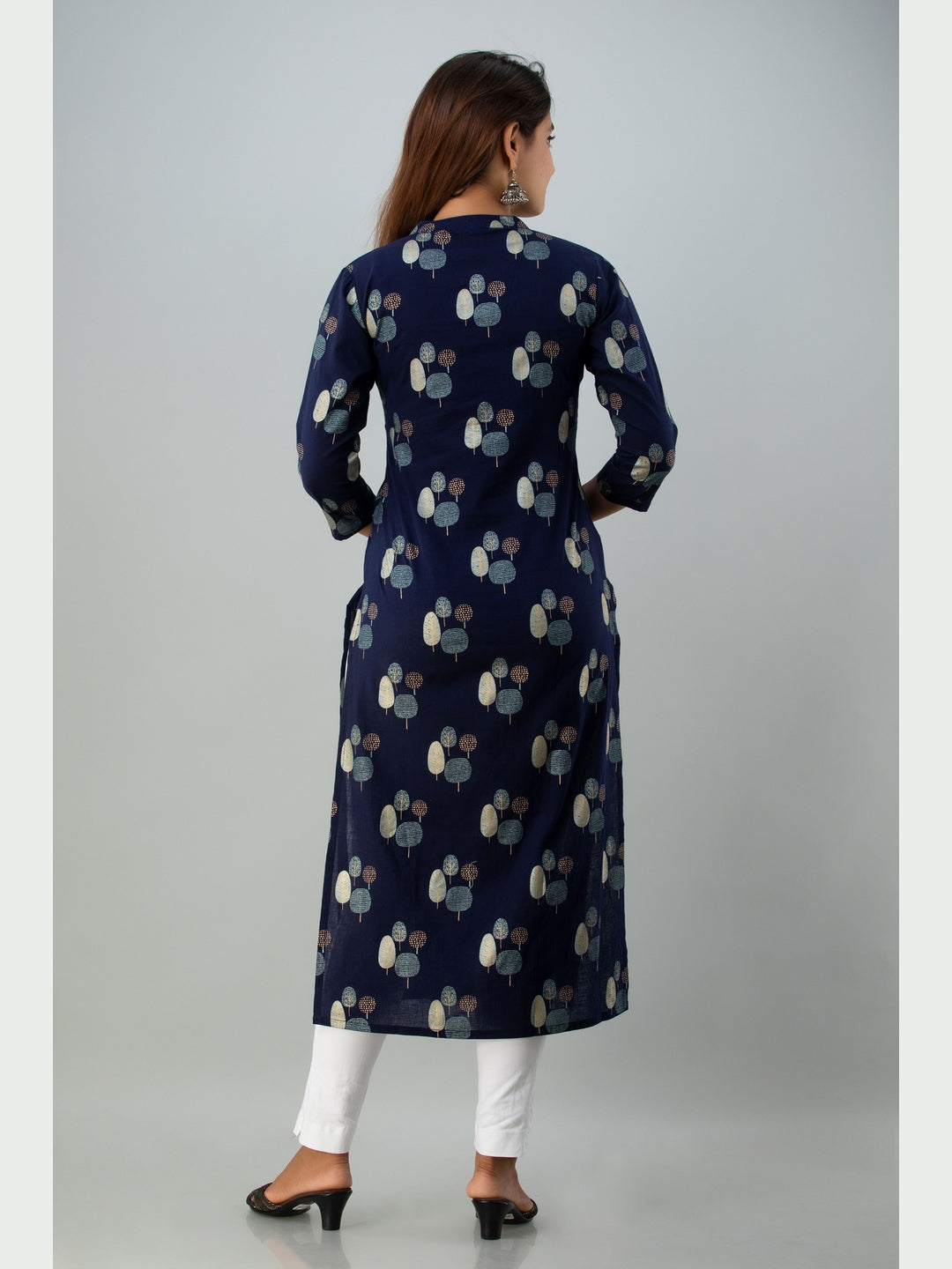 Cotton Printed Mandarin Neck 3/4 Sleeve Straight Calf Length Kurta