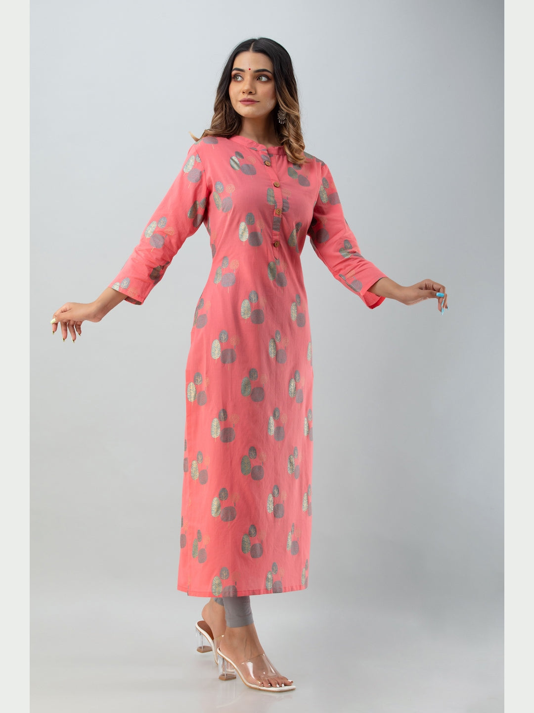Cotton Printed Mandarin Neck 3/4 Sleeve Straight Calf Length Kurta