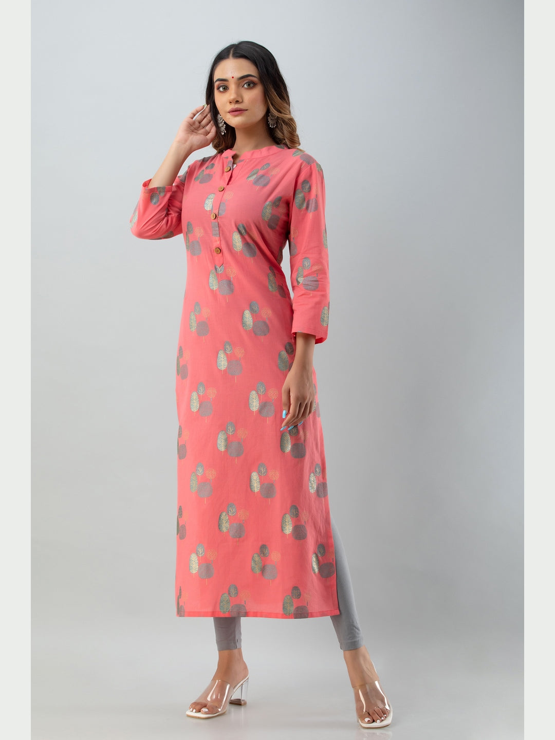 Cotton Printed Mandarin Neck 3/4 Sleeve Straight Calf Length Kurta