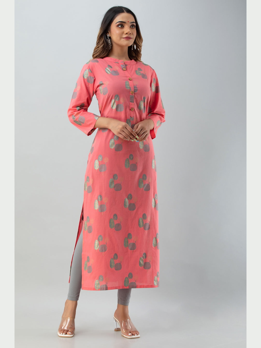 Cotton Printed Mandarin Neck 3/4 Sleeve Straight Calf Length Kurta