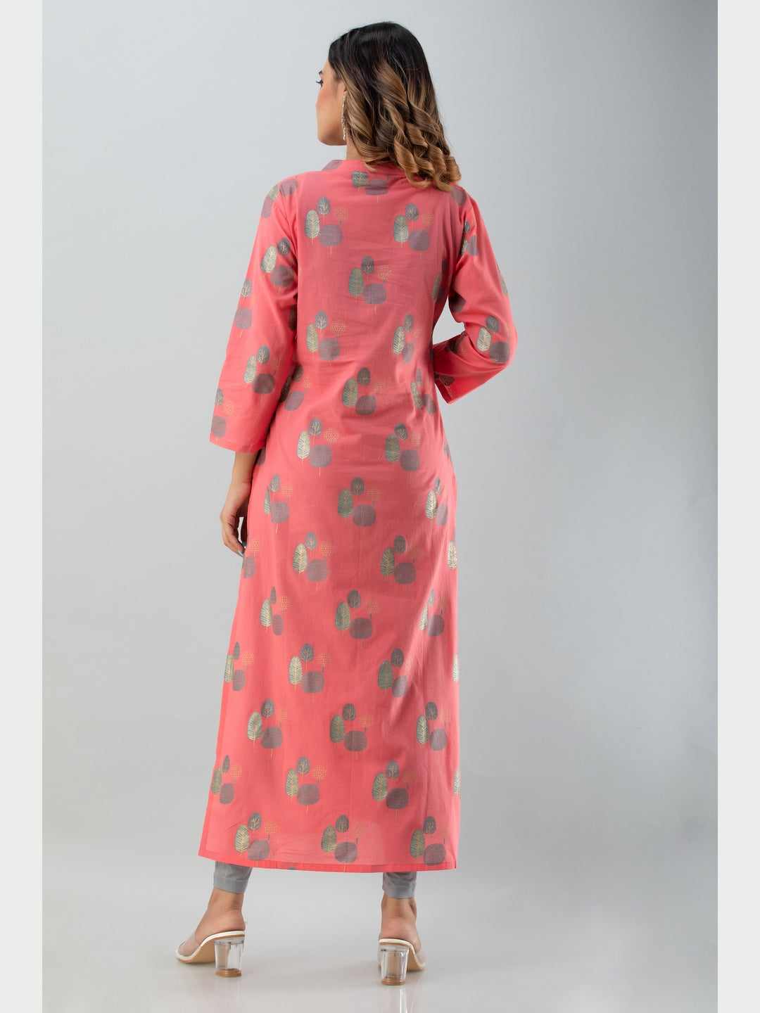 Cotton Printed Mandarin Neck 3/4 Sleeve Straight Calf Length Kurta