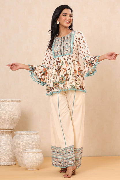 Ivory Rayon Printed Peplum Top Palazzo Set