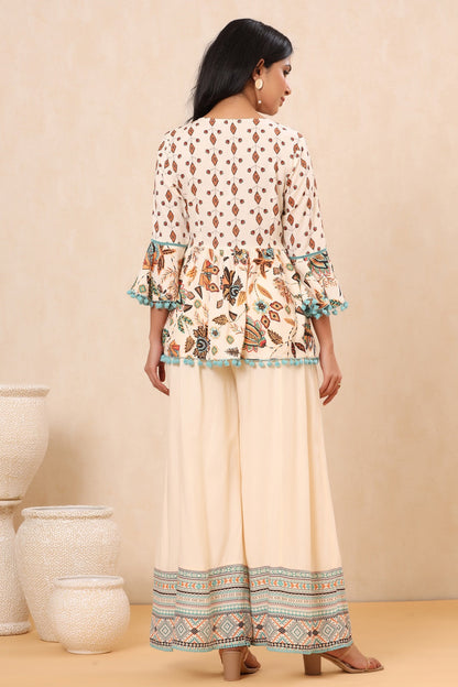 Ivory Rayon Printed Peplum Top Palazzo Set