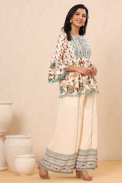 Ivory Rayon Printed Peplum Top Palazzo Set