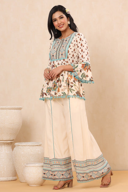 Ivory Rayon Printed Peplum Top Palazzo Set