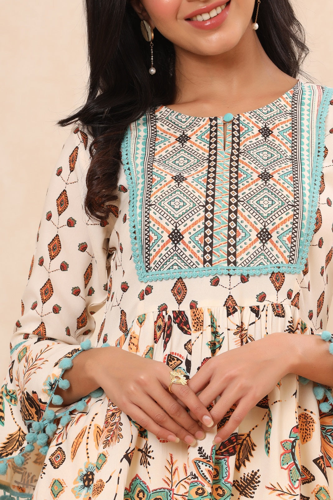 Ivory Rayon Printed Peplum Top Palazzo Set