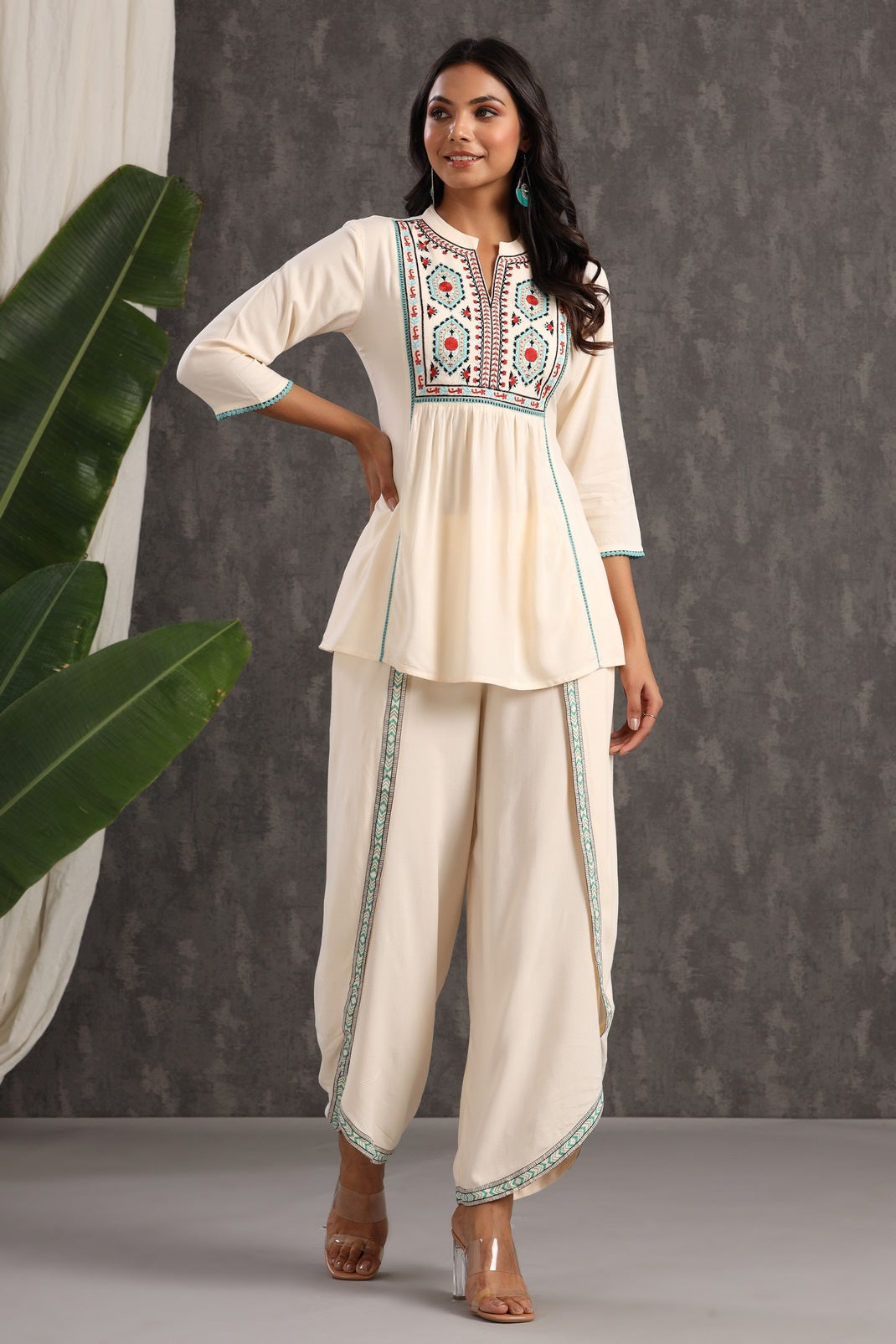 Ivory Rayon Embroidered Peplum Tunic Dhoti Set