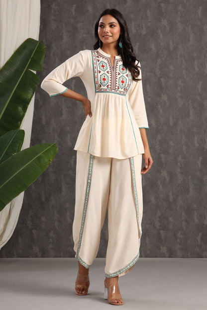 Ivory Rayon Embroidered Peplum Tunic Dhoti Set