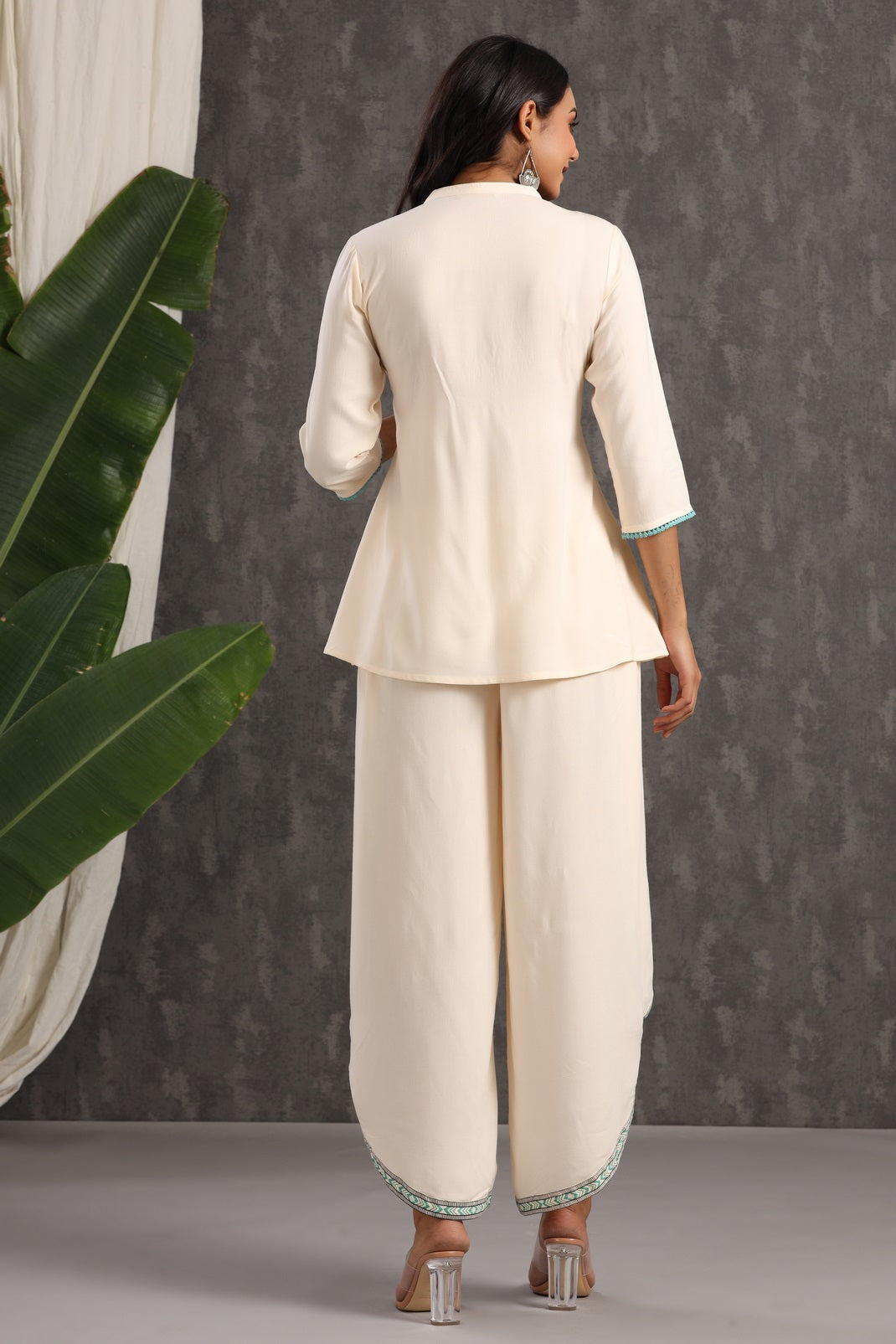 Ivory Rayon Embroidered Peplum Tunic Dhoti Set