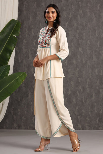Ivory Rayon Embroidered Peplum Tunic Dhoti Set
