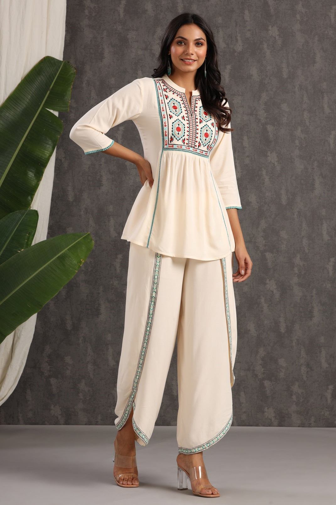 Ivory Rayon Embroidered Peplum Tunic Dhoti Set
