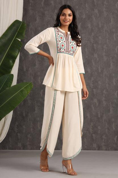 Ivory Rayon Embroidered Peplum Tunic Dhoti Set