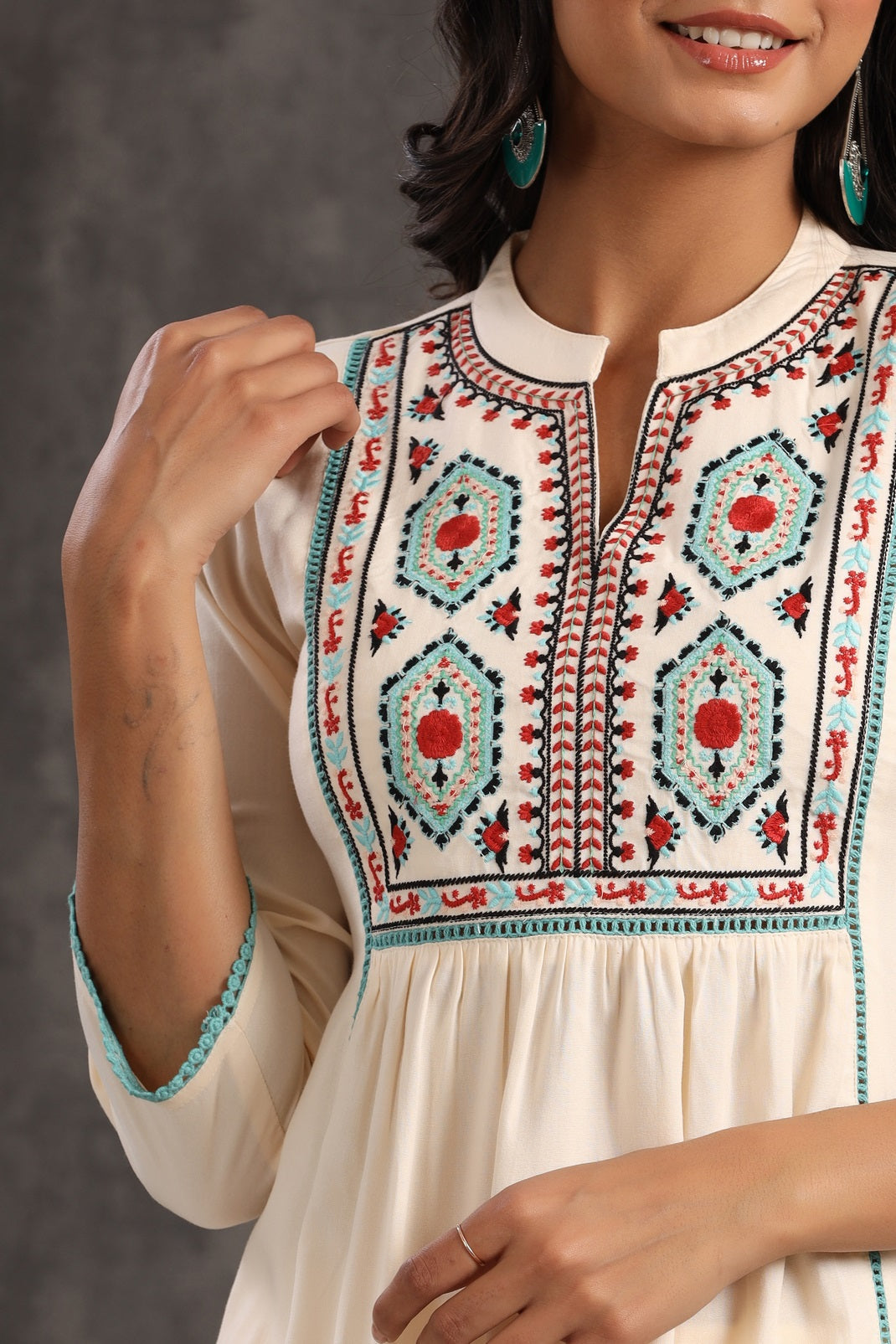 Ivory Rayon Embroidered Peplum Tunic Dhoti Set