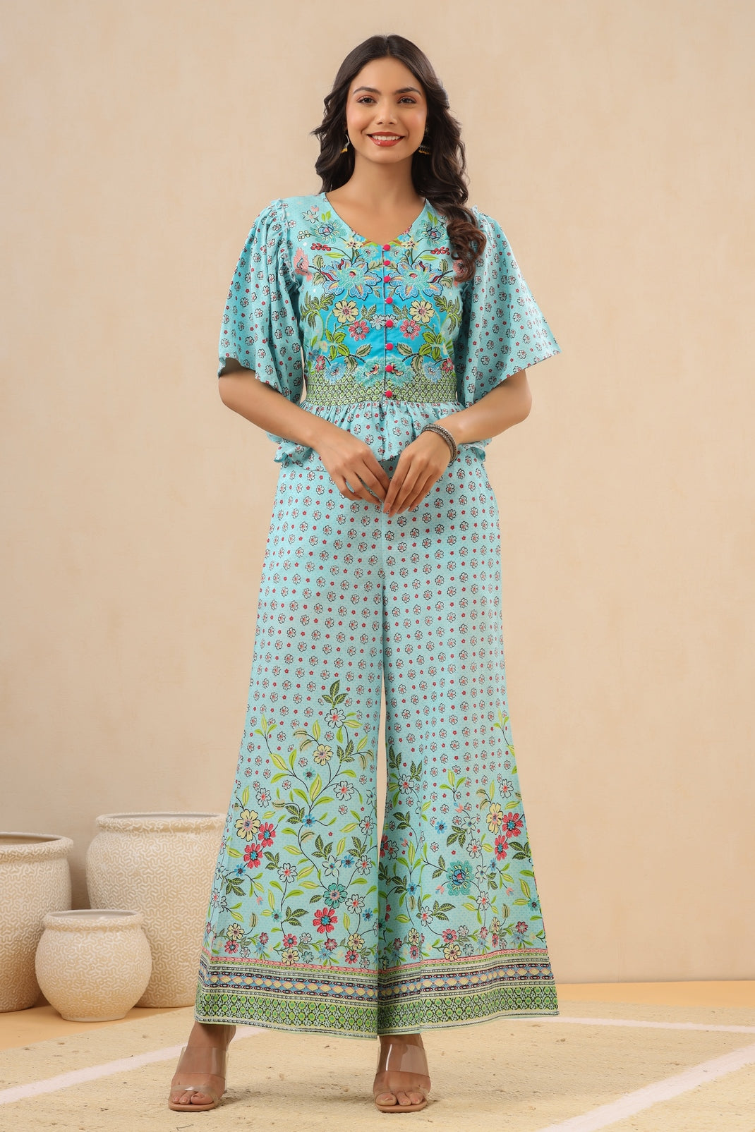 Women`s Skyblue Rayon Printed Peplum Clothing Set