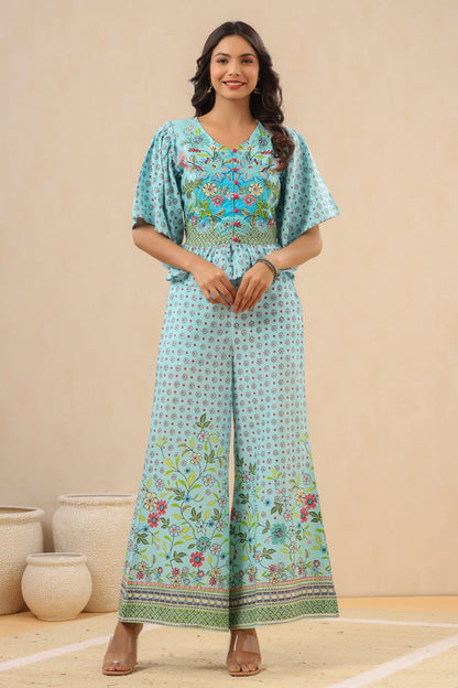 Women`s Skyblue Rayon Printed Peplum Clothing Set