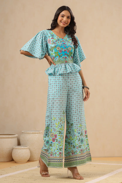 Women`s Skyblue Rayon Printed Peplum Clothing Set