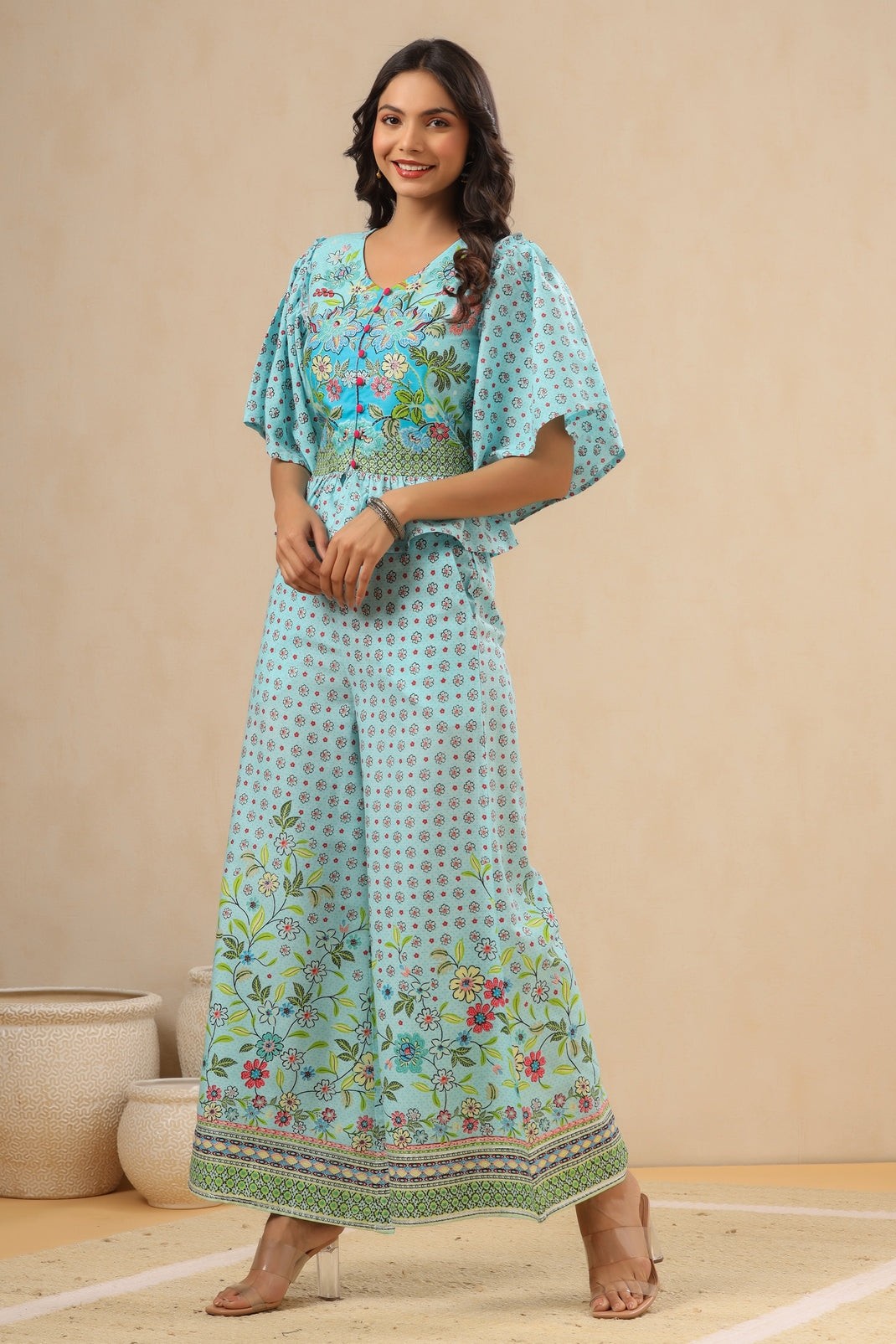 Women`s Skyblue Rayon Printed Peplum Clothing Set