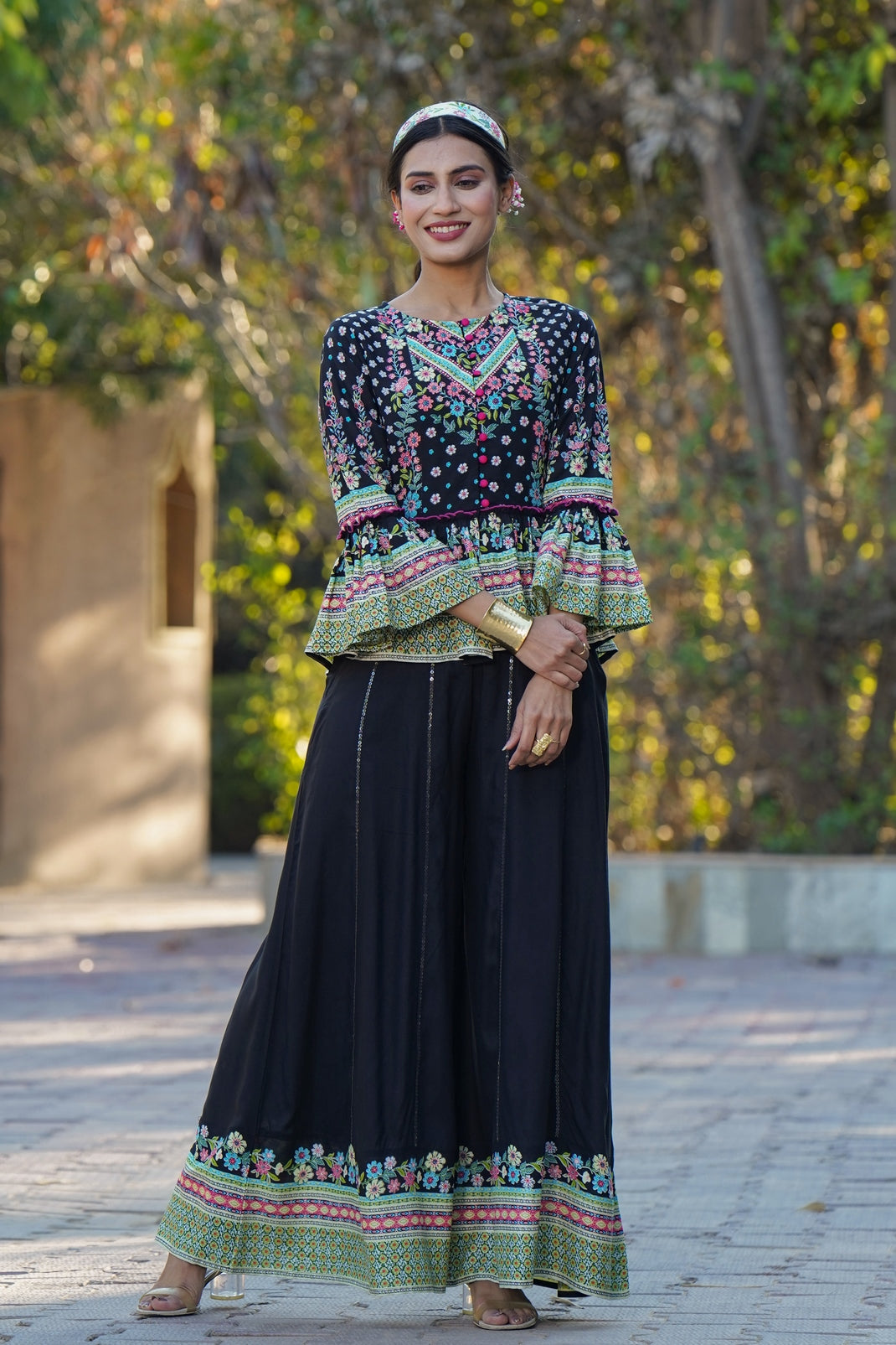 Black Rayon Printed Peplum Top Palazzo Set