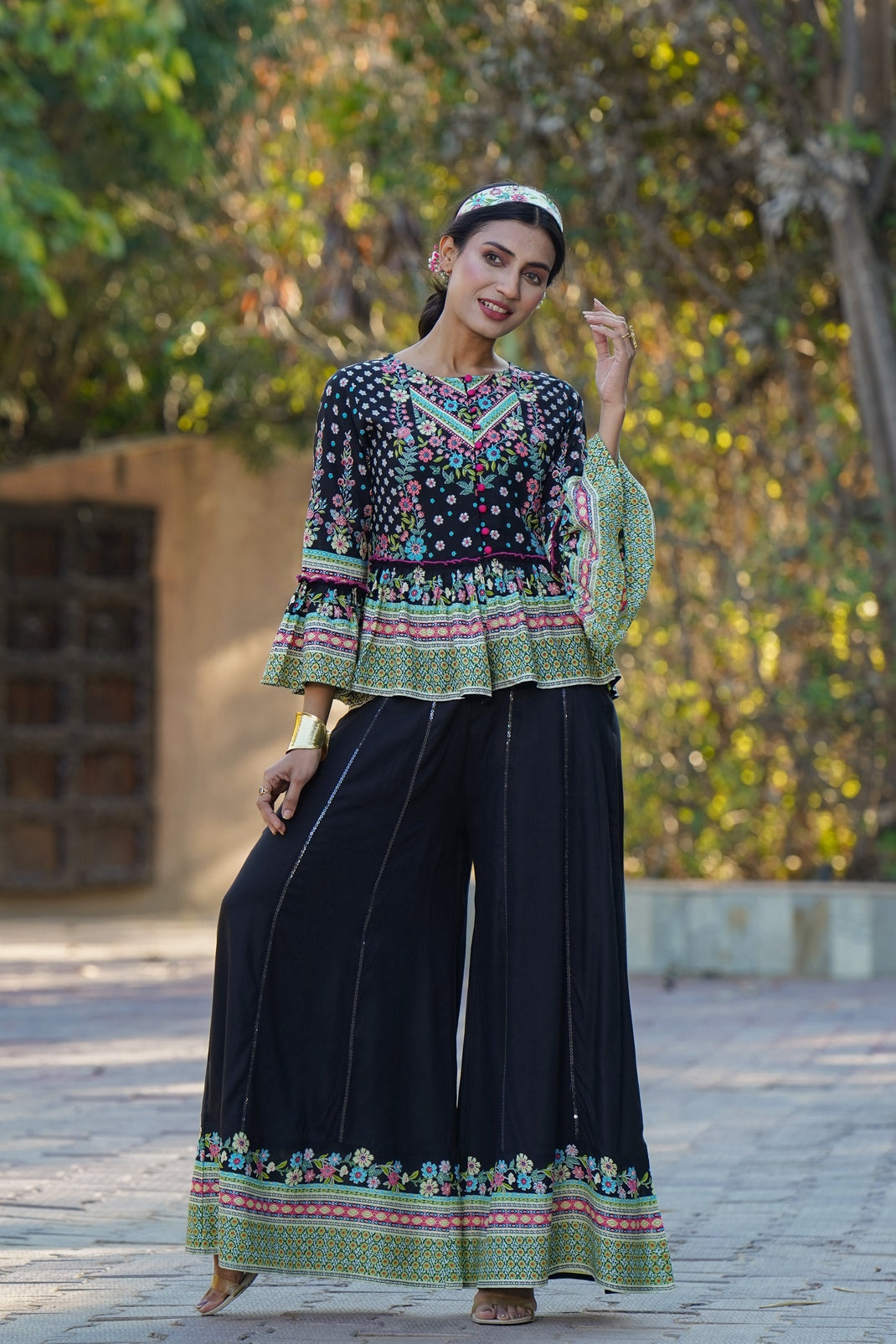 Black Rayon Printed Peplum Top Palazzo Set