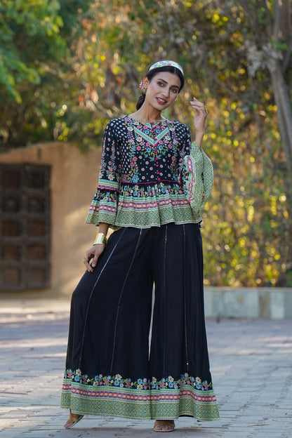 Black Rayon Printed Peplum Top Palazzo Set