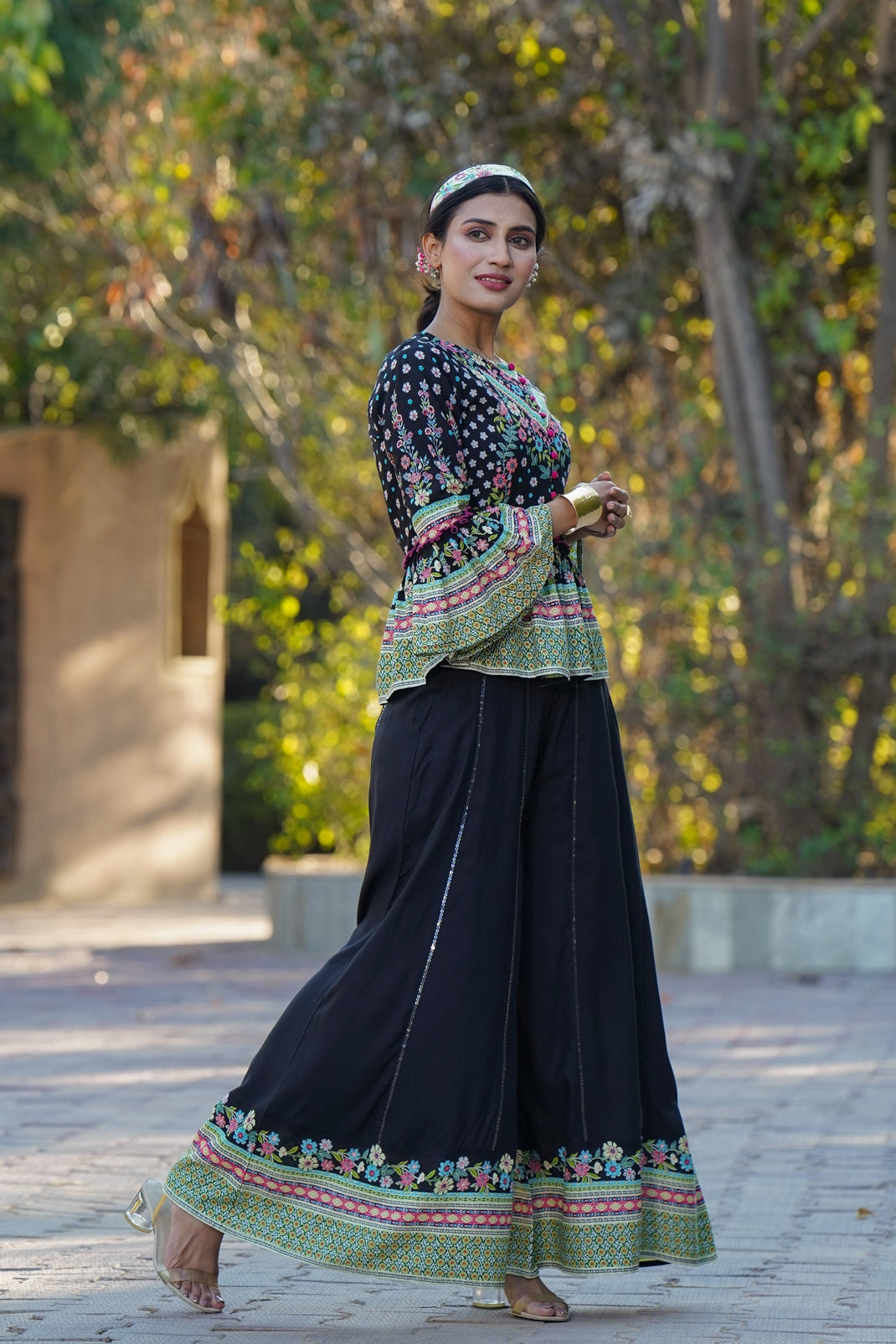 Black Rayon Printed Peplum Top Palazzo Set