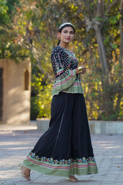 Black Rayon Printed Peplum Top Palazzo Set