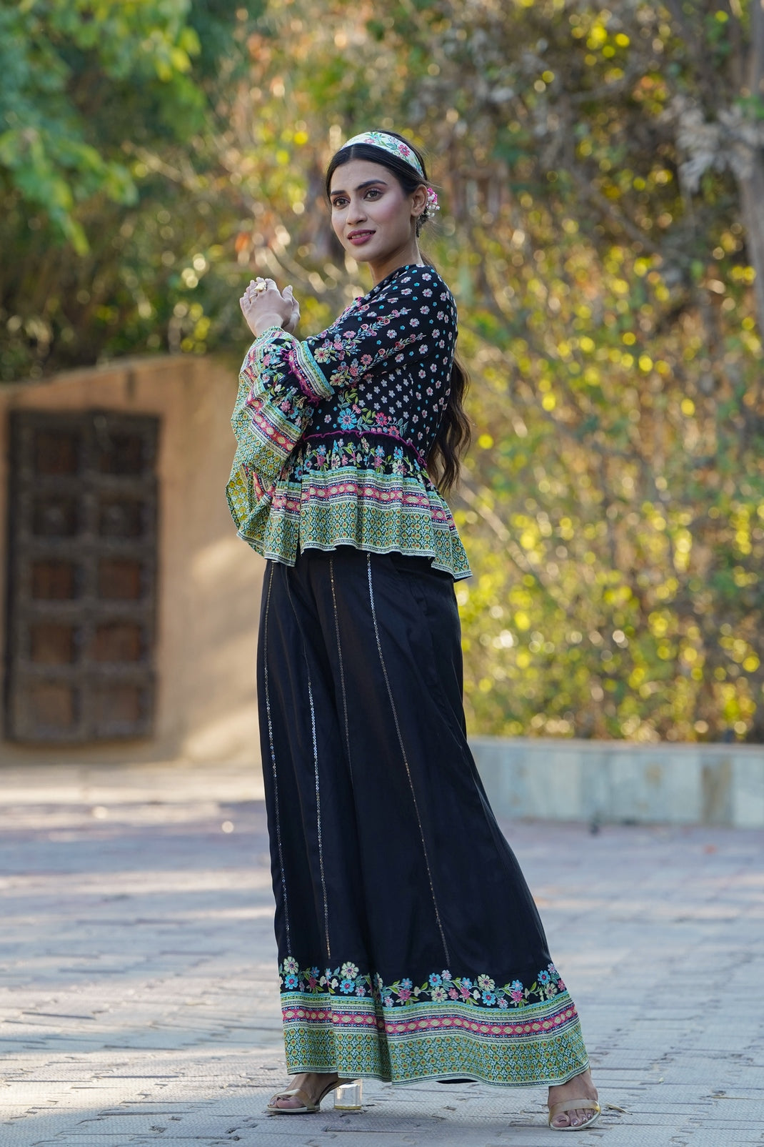 Black Rayon Printed Peplum Top Palazzo Set