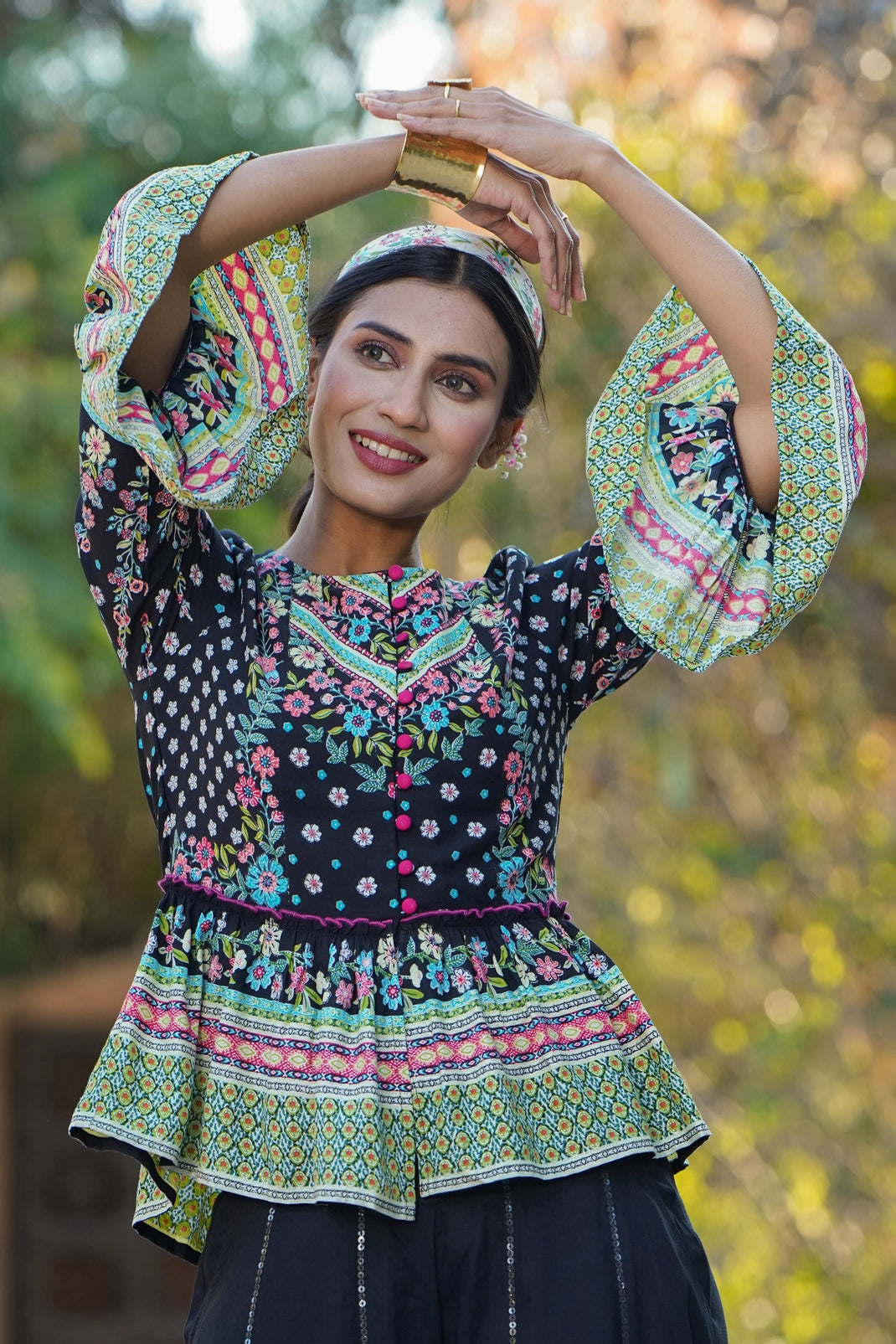 Black Rayon Printed Peplum Top Palazzo Set