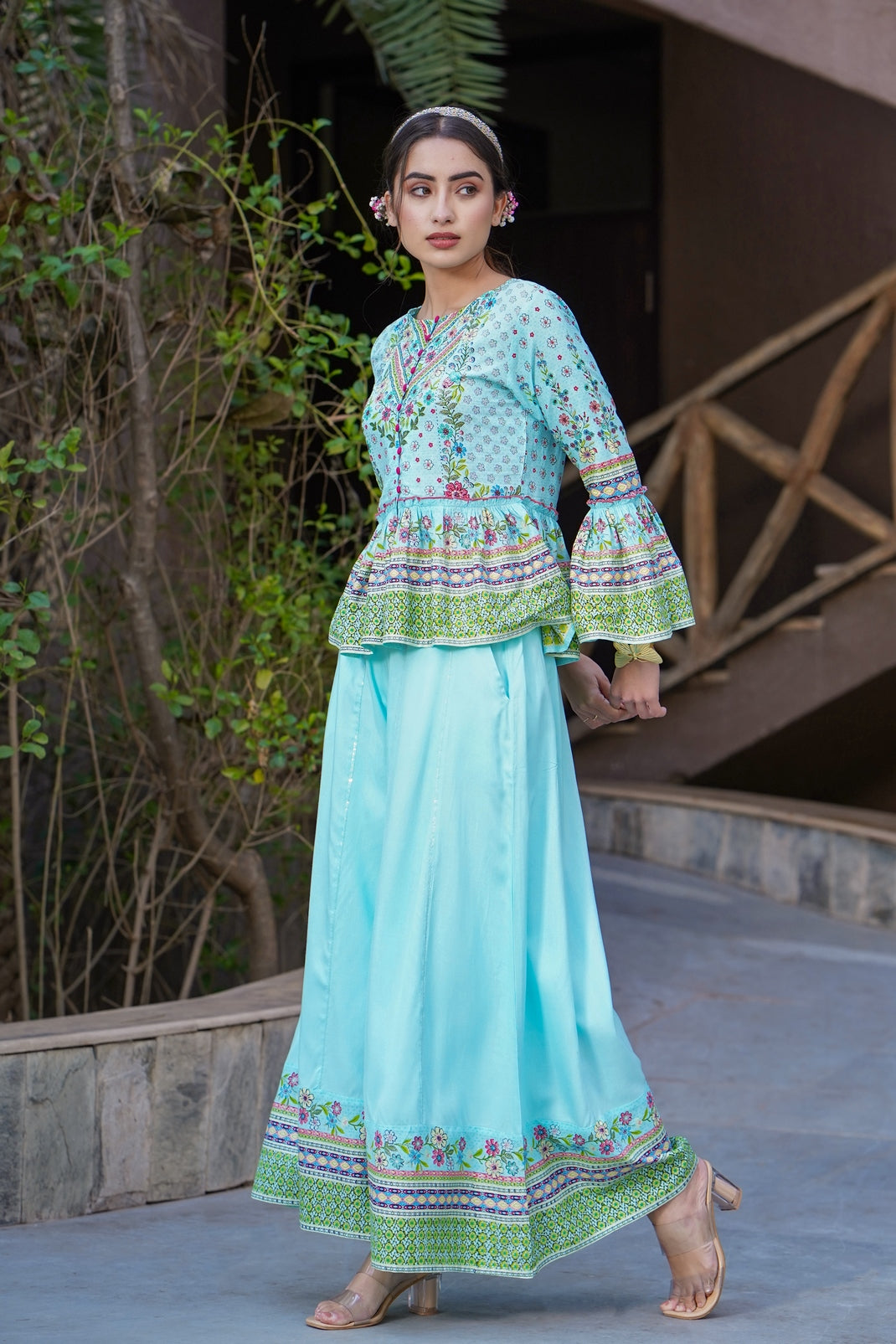 Skyblue Rayon Printed Peplum Top Palazzo Set