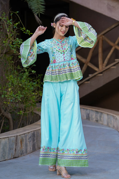 Skyblue Rayon Printed Peplum Top Palazzo Set