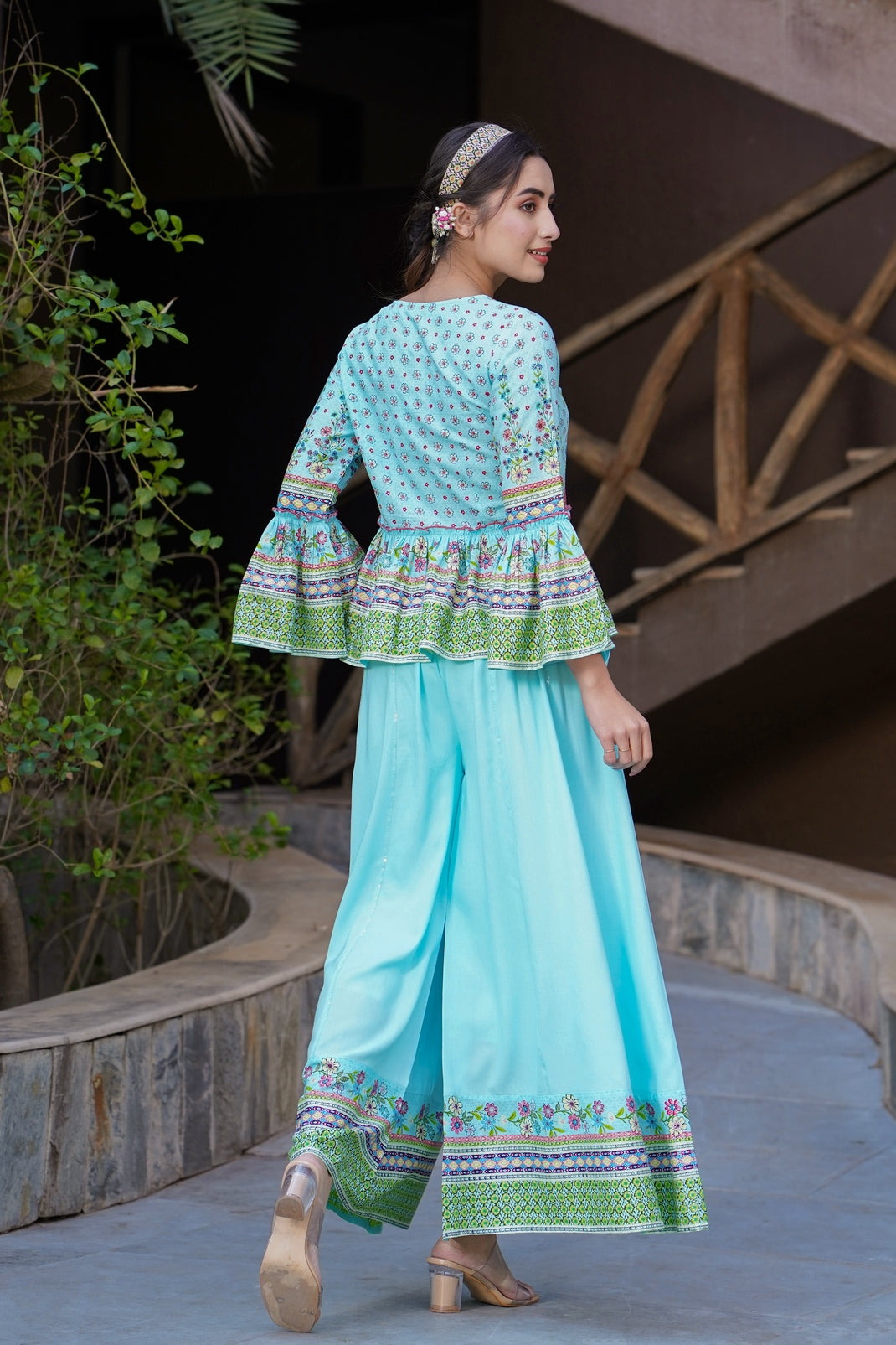 Skyblue Rayon Printed Peplum Top Palazzo Set
