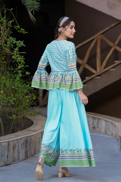 Skyblue Rayon Printed Peplum Top Palazzo Set
