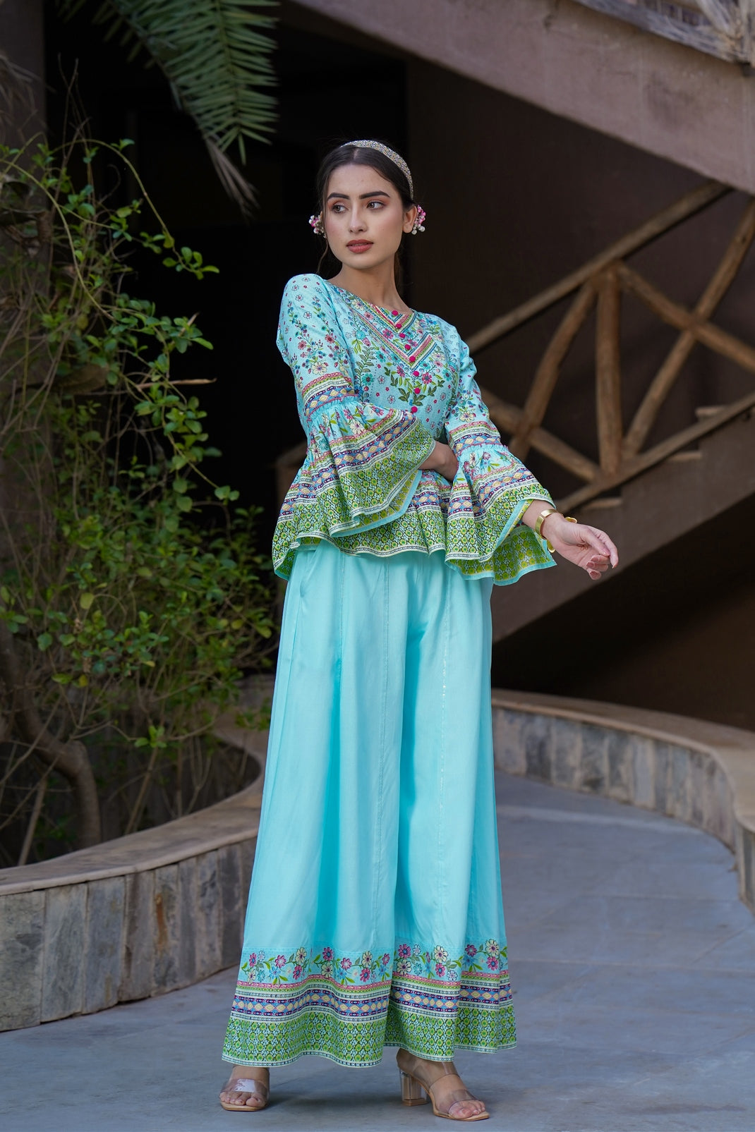 Skyblue Rayon Printed Peplum Top Palazzo Set