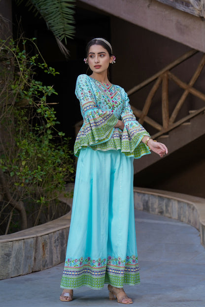 Skyblue Rayon Printed Peplum Top Palazzo Set